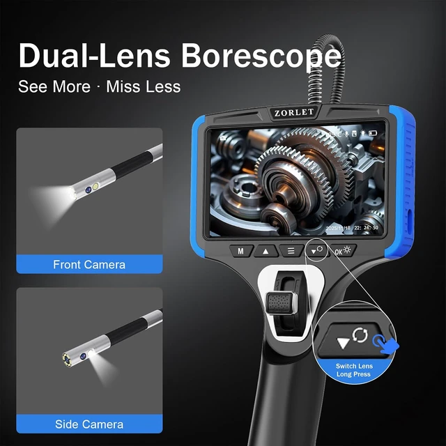 Alt view image 4 of 7 - Dual Lens Two-Way Articulating Borescope Camera with Light, 5" Inspection Camera Endoscope, 0.25in Slim Probe, Waterproof 5.0FT Snake Camera for Automotive, Mechanics & Engine Inspection