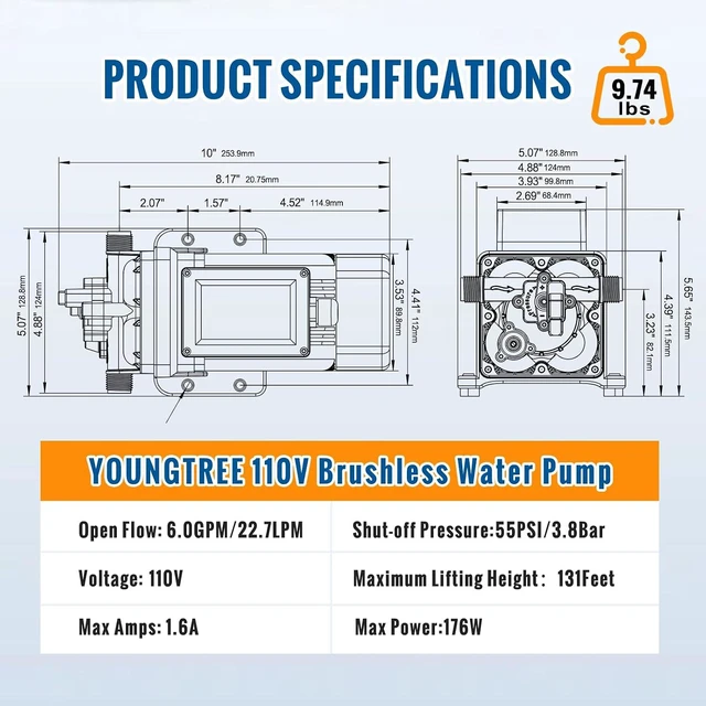 Alt view image 6 of 7 - Brushless 110V Water Pressure Transfer Pump Continuous Duty 6.0GPM 55PSI On Demand Fresh Water Diaphragm Pump 110 Volt AC for Irrigation Garden Home Pool Car Washing Rain Barrel Industry