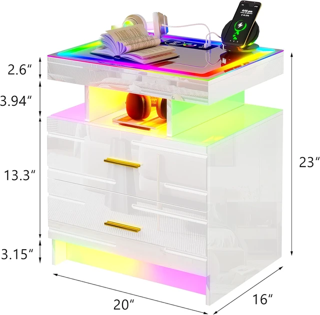 Alt view image 2 of 7 - Smart Nightstand with Wireless Charging Station& Remote Lights,White