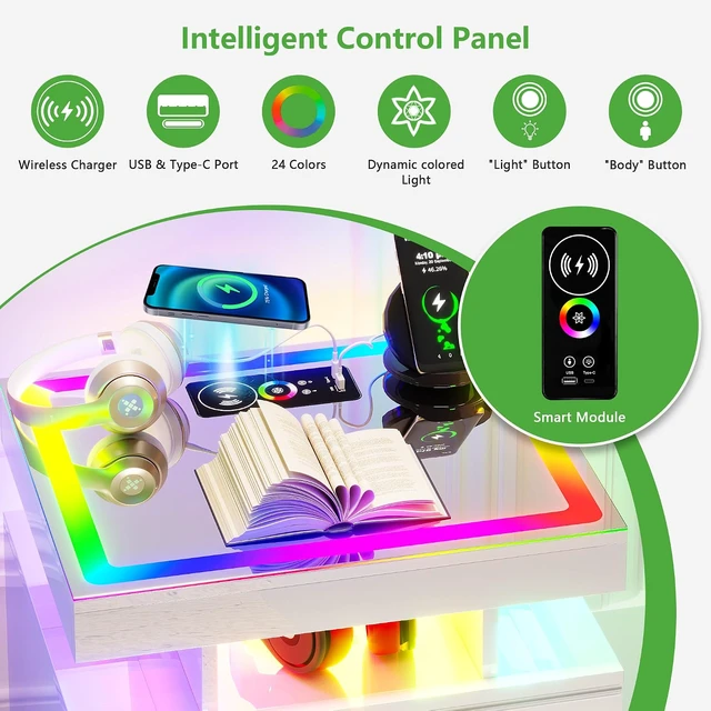 Alt view image 4 of 7 - Smart Nightstand with Wireless Charging Station& Remote Lights,White