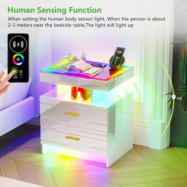 Alt view image 6 of 7 - Smart Nightstand with Wireless Charging Station& Remote Lights,White