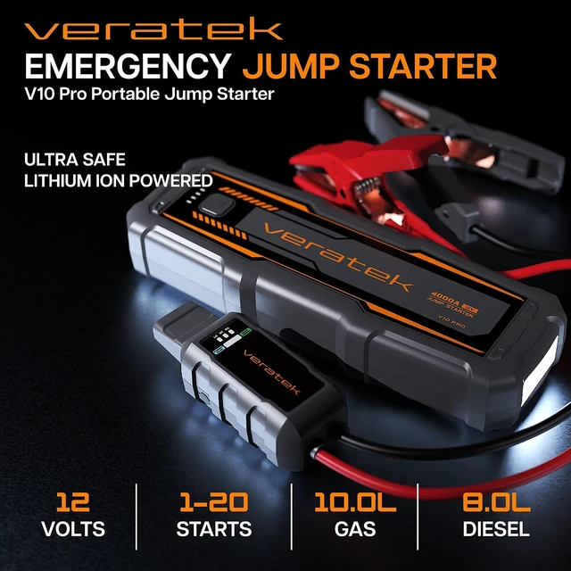 Alt view image 4 of 7 - ReelCharge - V10 Pro 4000A Car Battery Jump Starter Portable (10.0L Gas & 8.0L Diesel) 12V Lithium Battery Booster Pack with SmartCharge Safety, Jumper Cables, 24000mAh Power Bank, Jump Box
