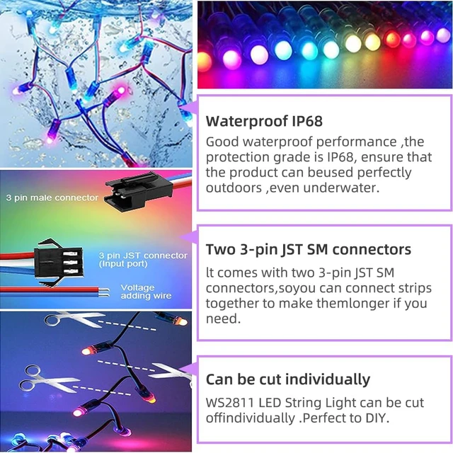 Alt view image 5 of 7 - 500pcs/Set DC12V 12MM WS2811 RGB Pixels Digital Individually Addressable Diffused Round LED String Lights Waterproof Full Color for Christmas Billboard House Halloween