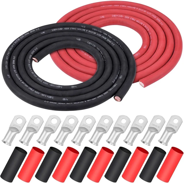 Main image of 2/0 Gauge 2/0 AWG Wire 10 Feet Black + 10 Feet Red Welding Battery Pure Copper Flexible Cable + 5pcs of 5/16" & 5pcs 3/8" Copper Cable Lugs Terminal Connectors+Heat Shrink Tubing