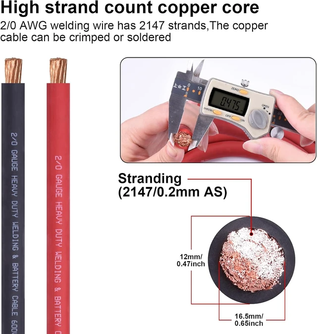 Alt view image 2 of 7 - 2/0 Gauge 2/0 AWG Wire 10 Feet Black + 10 Feet Red Welding Battery Pure Copper Flexible Cable + 5pcs of 5/16" & 5pcs 3/8" Copper Cable Lugs Terminal Connectors+Heat Shrink Tubing