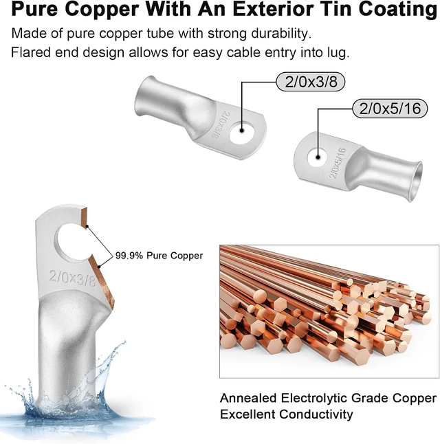 Alt view image 3 of 7 - 2/0 Gauge 2/0 AWG Wire 10 Feet Black + 10 Feet Red Welding Battery Pure Copper Flexible Cable + 5pcs of 5/16" & 5pcs 3/8" Copper Cable Lugs Terminal Connectors+Heat Shrink Tubing