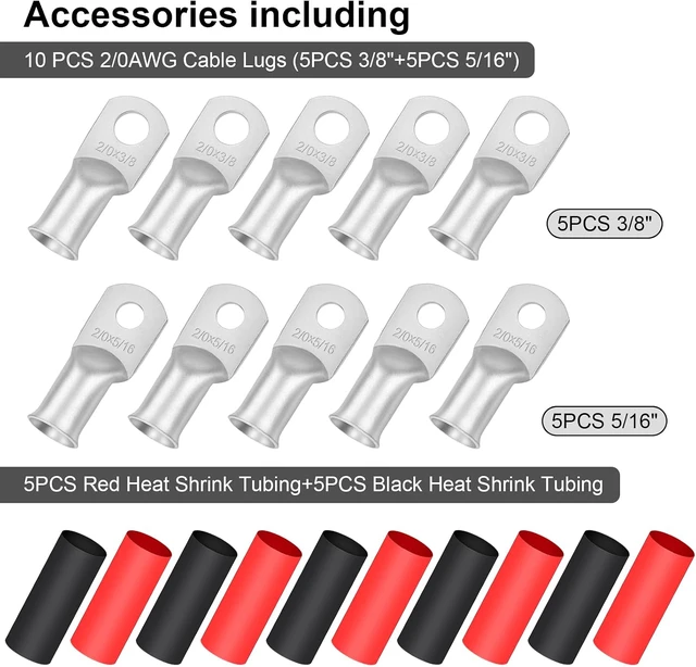 Alt view image 6 of 7 - 2/0 Gauge 2/0 AWG Wire 10 Feet Black + 10 Feet Red Welding Battery Pure Copper Flexible Cable + 5pcs of 5/16" & 5pcs 3/8" Copper Cable Lugs Terminal Connectors+Heat Shrink Tubing