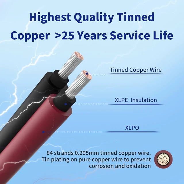 Alt view image 2 of 7 - Solar Extension Cable 10AWG 6mm² 100FT PV Wire 10Gauge Adaptor Panels Cables with Female & Male Waterproof Connectors for Outdoors, Marine, RV, Photovoltaic (Black& Red)