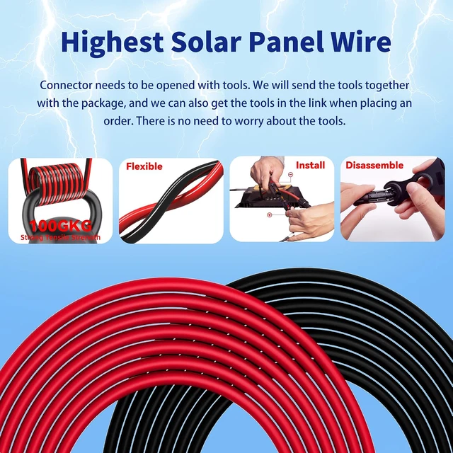 Alt view image 3 of 7 - Solar Extension Cable 10AWG 6mm² 100FT PV Wire 10Gauge Adaptor Panels Cables with Female & Male Waterproof Connectors for Outdoors, Marine, RV, Photovoltaic (Black& Red)