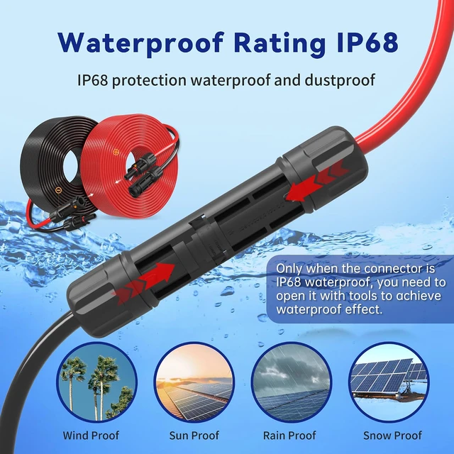 Alt view image 4 of 7 - Solar Extension Cable 10AWG 6mm² 100FT PV Wire 10Gauge Adaptor Panels Cables with Female & Male Waterproof Connectors for Outdoors, Marine, RV, Photovoltaic (Black& Red)