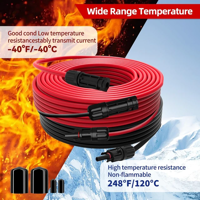 Alt view image 5 of 7 - Solar Extension Cable 10AWG 6mm² 100FT PV Wire 10Gauge Adaptor Panels Cables with Female & Male Waterproof Connectors for Outdoors, Marine, RV, Photovoltaic (Black& Red)