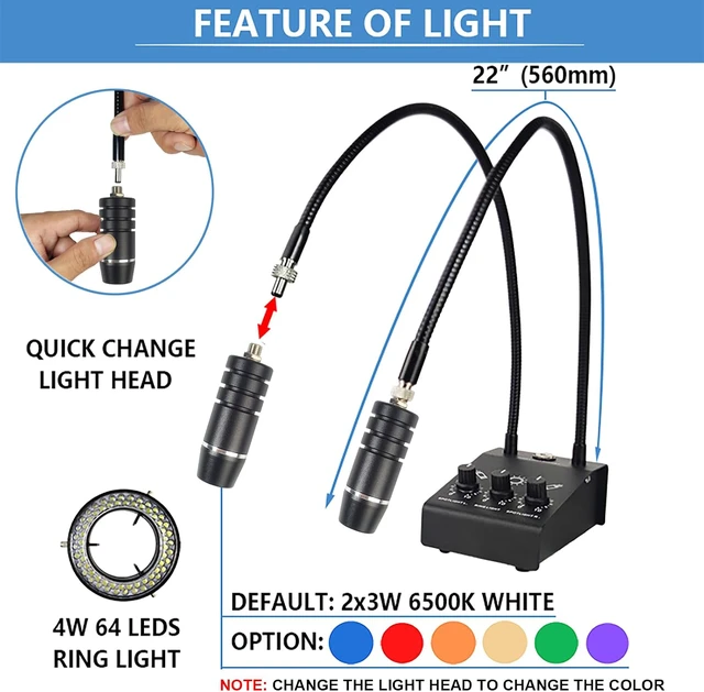 Alt view image 4 of 6 - Microscope Light 6W 6500K Dual Gooseneck Spotlight with Adjustable Lights Microscope 64 LED Ring Illuminator Source for Industrial Digital Stereo Microscope Camera, PCB Repair, Soldering