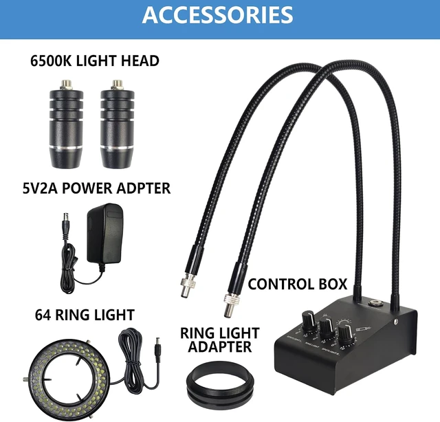 Alt view image 3 of 6 - Microscope Light 6W 6500K Dual Gooseneck Spotlight with Adjustable Lights Microscope 64 LED Ring Illuminator Source for Industrial Digital Stereo Microscope Camera, PCB Repair, Soldering