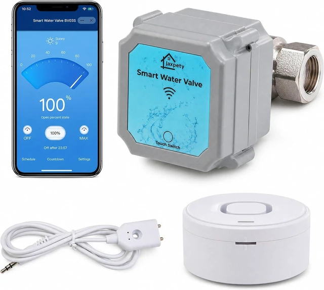 Main image of Water Auto Shutoff Valve, App Control Adjustable Flow, Includes 2 Detectors for RealTime Phone Leak Alerts, Scheduled Timer & Countdown ShutOff, Fits 3/4 Inch Pipes