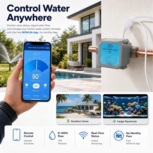Alt view image 2 of 7 - Water Auto Shutoff Valve, App Control Adjustable Flow, Includes 2 Detectors for RealTime Phone Leak Alerts, Scheduled Timer & Countdown ShutOff, Fits 3/4 Inch Pipes