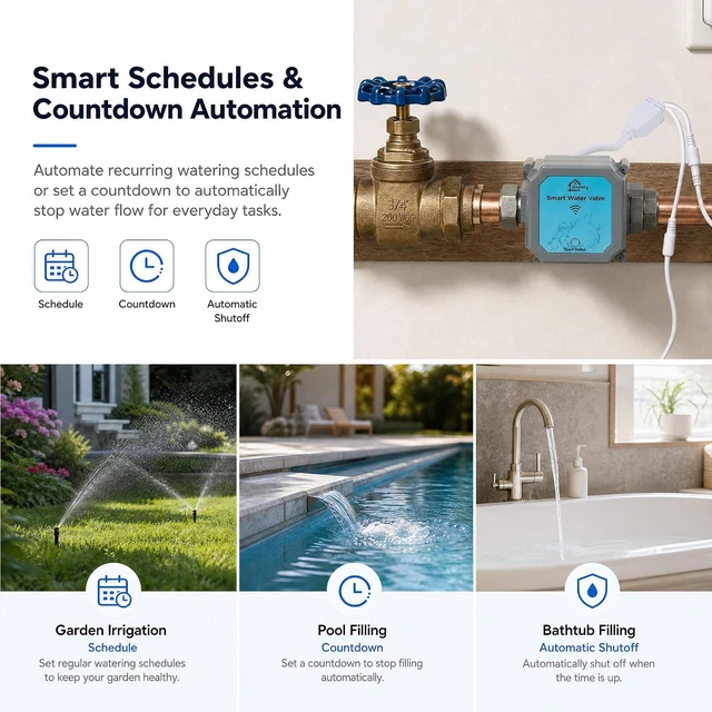 Alt view image 5 of 7 - Water Auto Shutoff Valve, App Control Adjustable Flow, Includes 2 Detectors for RealTime Phone Leak Alerts, Scheduled Timer & Countdown ShutOff, Fits 3/4 Inch Pipes