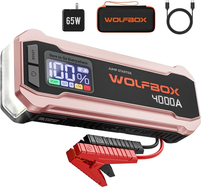 Main image of 4000A Jump Starter,12V Pink Car Battery Jumper Starter Portable with 65W Quick Charger,88.8Wh Booster Jump Box Pack (10L Gas 10L Diesel Engine) with LED Light,Jumper Cables, Rose Gold