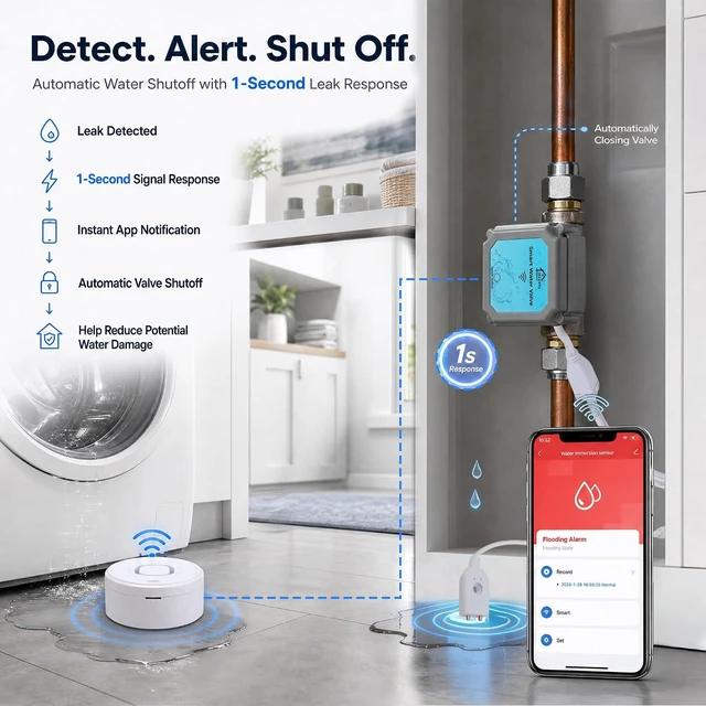 Alt view image 6 of 7 - Water Auto Shutoff Valve, App Control Adjustable Flow, Includes 2 Detectors for RealTime Phone Leak Alerts, Scheduled Timer & Countdown ShutOff, Fits 3/4 Inch Pipes