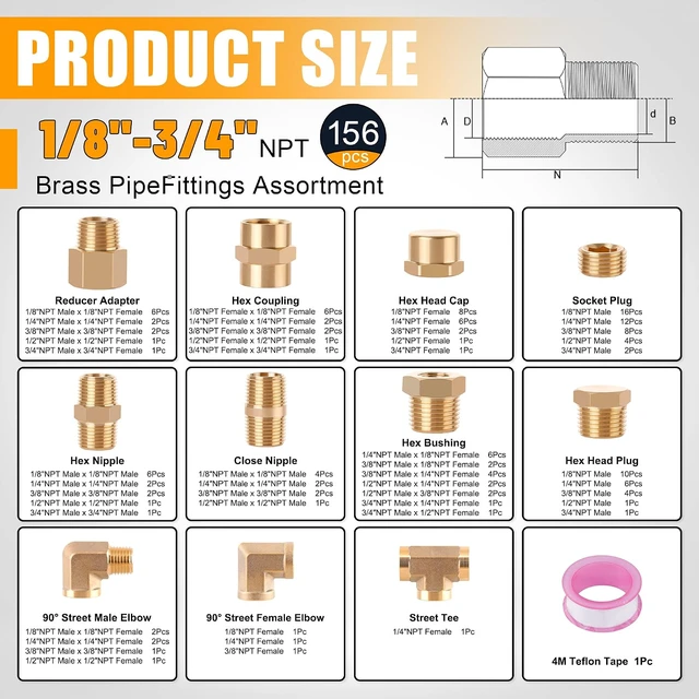 Alt view image 2 of 6 - 156PCS Brass Pipe Fittings Kit 1/8", 1/4", 3/8", 1/2", 3/4" NPT