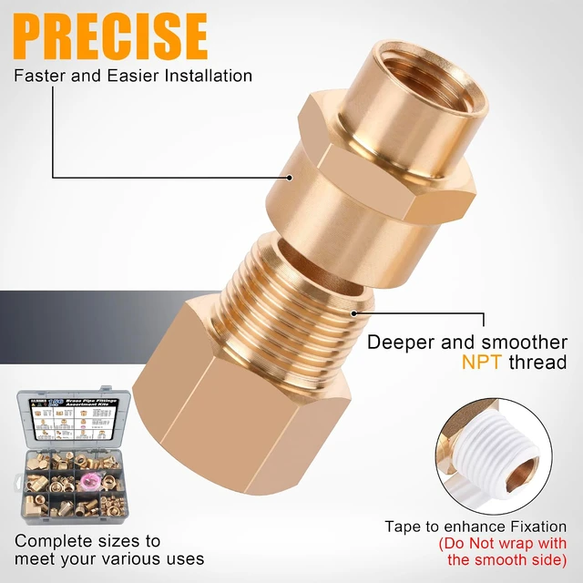 Alt view image 4 of 6 - 156PCS Brass Pipe Fittings Kit 1/8", 1/4", 3/8", 1/2", 3/4" NPT
