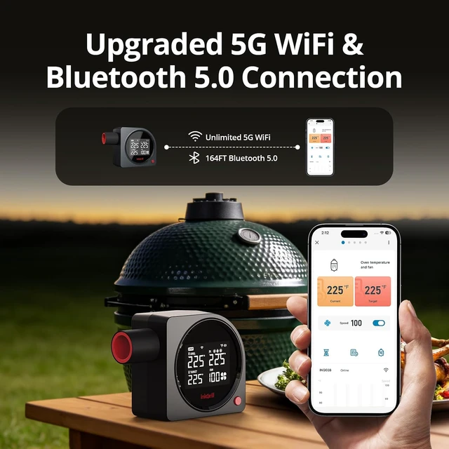 Alt view image 2 of 7 - Smoker Temperature Controller for Big Green Egg, 5G WiFi & 164FT Bluetooth Automatic BBQ Fan with LCD Screen, 5 Probes, Overnight Cooking Grill Fan for Kamado, Weber, Ceramic Charcoal Grills
