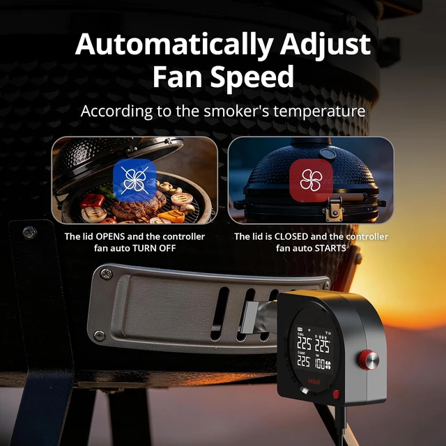 Alt view image 3 of 7 - Smoker Temperature Controller for Big Green Egg, 5G WiFi & 164FT Bluetooth Automatic BBQ Fan with LCD Screen, 5 Probes, Overnight Cooking Grill Fan for Kamado, Weber, Ceramic Charcoal Grills