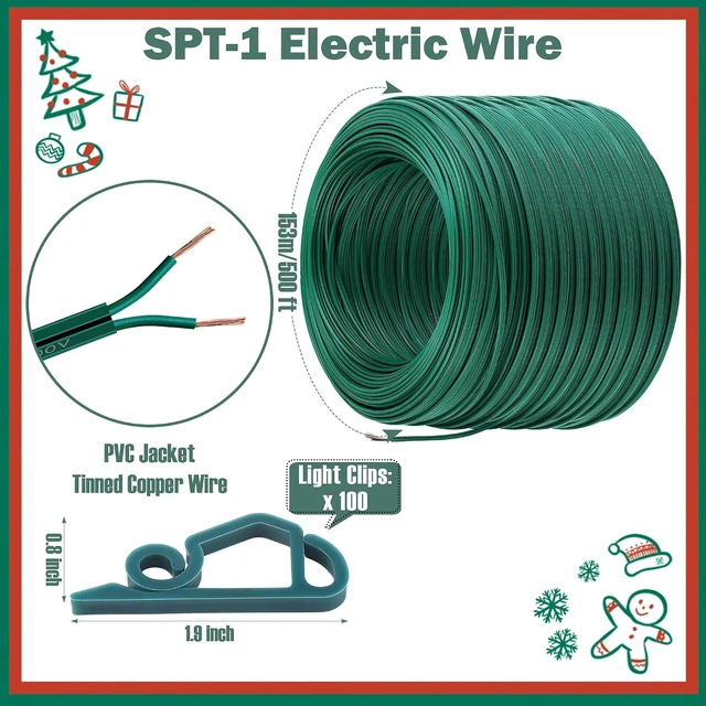 Alt view image 2 of 7 - Christmas SPT-1 Electric Wire Set 500 Ft SPT-1 Zip Cord Wire 20 Male and 20 Female Vampire Plugs with Light Clips Green Electrical Light End Plug for Xmas Holiday Outdoor Indoor Lighting