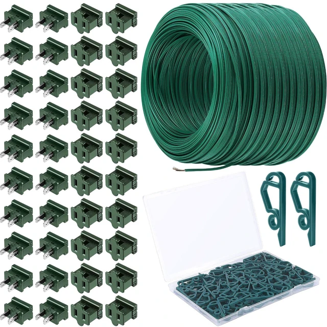 Main image of Christmas SPT-1 Electric Wire Set 500 Ft SPT-1 Zip Cord Wire 20 Male and 20 Female Vampire Plugs with Light Clips Green Electrical Light End Plug for Xmas Holiday Outdoor Indoor Lighting