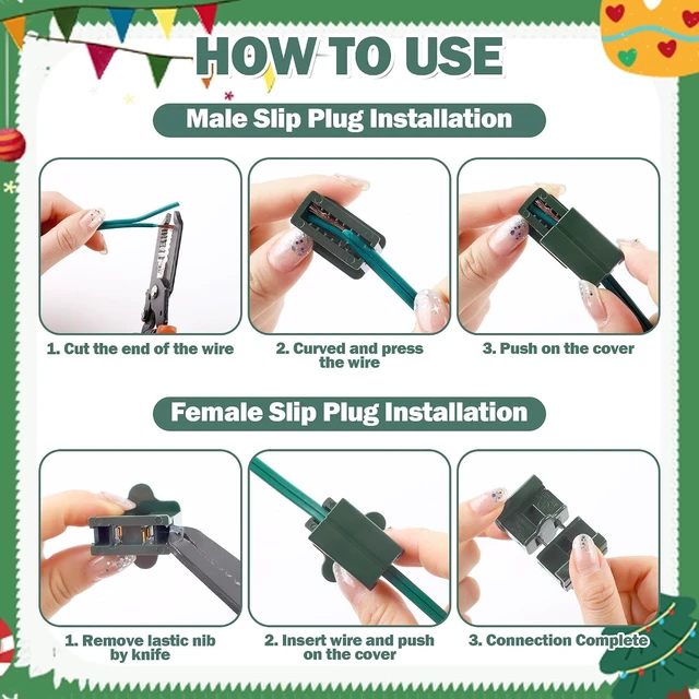 Alt view image 4 of 7 - Christmas SPT-1 Electric Wire Set 500 Ft SPT-1 Zip Cord Wire 20 Male and 20 Female Vampire Plugs with Light Clips Green Electrical Light End Plug for Xmas Holiday Outdoor Indoor Lighting