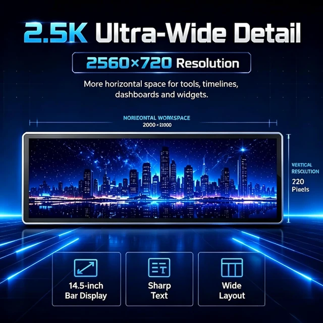 Alt view image 3 of 7 - 14.5 Inch 2.5K Touchscreen Bar Monitor, 2560×720 IPS Portable LCD Screen with 10-Point Touch, 60Hz Refresh Rate, 350nit Brightness, USB-C Driver Board YX-2.5K for DIY Game PC (No Shell)