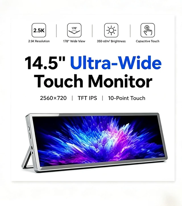 Alt view image 5 of 7 - 14.5 Inch 2.5K Touchscreen Bar Monitor, 2560×720 IPS Portable LCD Screen with 10-Point Touch, 60Hz Refresh Rate, 350nit Brightness, USB-C Driver Board YX-2.5K for DIY Game PC (No Shell)