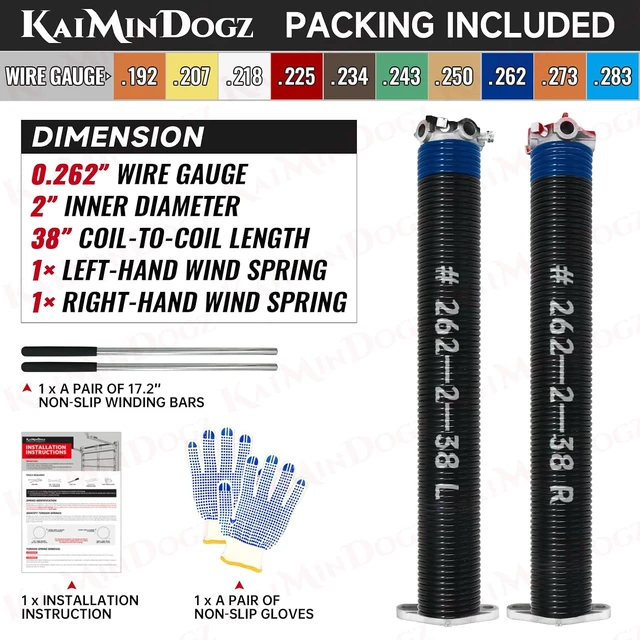 Alt view image 2 of 6 - Pair of 2" Garage Door Torsion Springs Set with Non-Slip Winding Bar & Gloves,High Precision Electrophoresis Black Coated, for Replacement & Installation, MIN 16,000 Cycles (0.262x2''x38'')