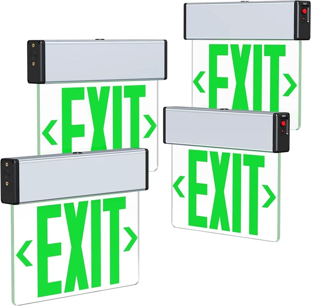 Main image of Green LED Edge Lit Exit Sign Brushed Aluminum Housing, UL Listed Emergency Exit Signs Single Sided Clear Acrylic with Battery Backup, AC 120-347V Hardwired Exit Lights, Top/Side/Wall Mount (4 Pack)