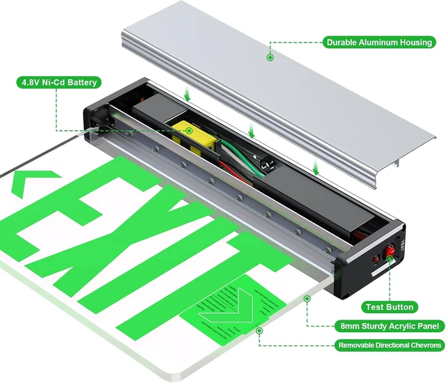 Alt view image 2 of 6 - Green LED Edge Lit Exit Sign Brushed Aluminum Housing, UL Listed Emergency Exit Signs Single Sided Clear Acrylic with Battery Backup, AC 120-347V Hardwired Exit Lights, Top/Side/Wall Mount (4 Pack)