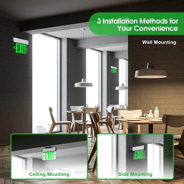 Alt view image 3 of 6 - Green LED Edge Lit Exit Sign Brushed Aluminum Housing, UL Listed Emergency Exit Signs Single Sided Clear Acrylic with Battery Backup, AC 120-347V Hardwired Exit Lights, Top/Side/Wall Mount (4 Pack)