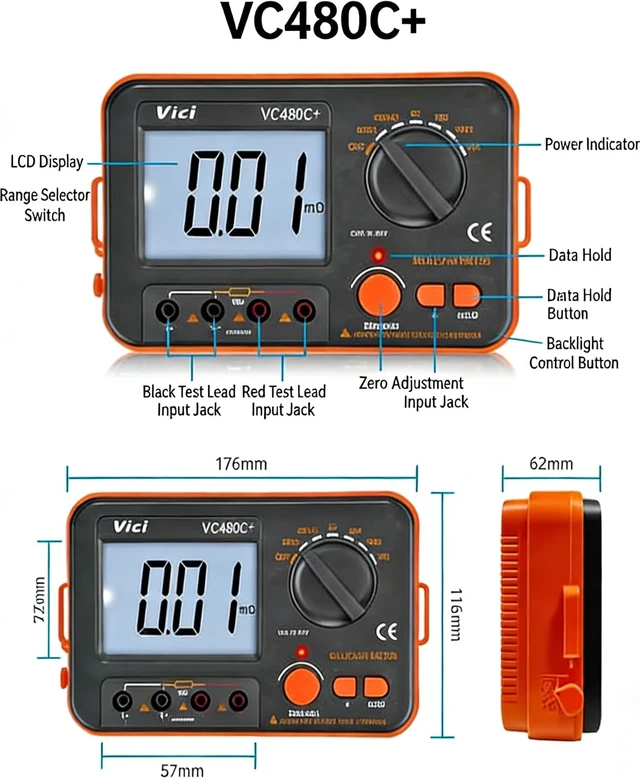 Alt view image 3 of 7 - VC480C Precision Milliohm Meters 4 Wire Kelvin Clip 0 Adjust Large LCD Backlit LCD Data Hold Manual Zero Display Adjust with Calibration Certificate