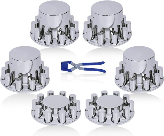 Main image of 33mm Chrome ABS Flat Top Hub Cover Kit Axle Cover with 33mm Thread-on Lug Nut Covers 2 Front and 4 Rear Axle Wheel Covers and Removable Center Caps for Semi Trucks, Trailer