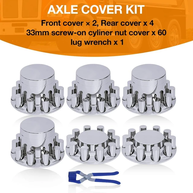 Alt view image 2 of 4 - 33mm Chrome ABS Flat Top Hub Cover Kit Axle Cover with 33mm Thread-on Lug Nut Covers 2 Front and 4 Rear Axle Wheel Covers and Removable Center Caps for Semi Trucks, Trailer