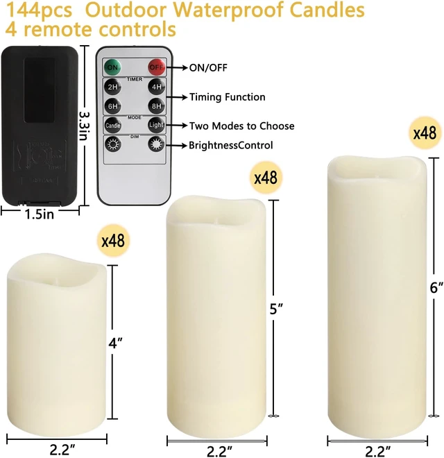 Alt view image 4 of 7 - 144-Pack LED Flameless Flickering Candles with Remote Control and 2/4/6/8 H Timer Led Pillar Candles of Wedding, Table, Halloween,Christmas Decorations and Special Occasions (Three Sizes)