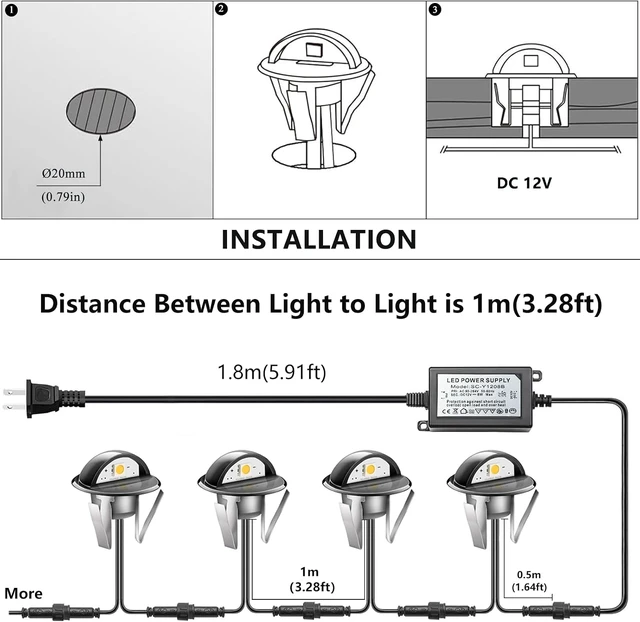 Alt view image 7 of 7 - RNEHON LED Deck Lighting Kits,Warm White 1.38 Low Voltage 12V DC Step Stair Lights,IP65 Waterproof Outdoor Recessed LED Landscape Lighting for Garden,Yard Stairs,Floor,Patio Decoration(30 Pack)