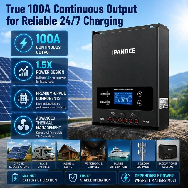 Alt view image 2 of 7 - 100A MPPT Solar Charge Controller 250VDC Max Input,99.9% Efficiency,12V/24V/36V/48V Auto,APP Monitoring,100 Amp LCD Display Solar Panel Regulator for Lithium/Lead-Acid Battery,Solar System RV Off-Grid