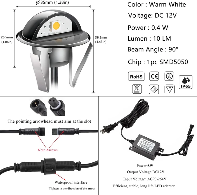 Alt view image 5 of 7 - RNEHON LED Deck Lighting Kits,Warm White 1.38 Low Voltage 12V DC Step Stair Lights,IP65 Waterproof Outdoor Recessed LED Landscape Lighting for Garden,Yard Stairs,Floor,Patio Decoration(30 Pack)