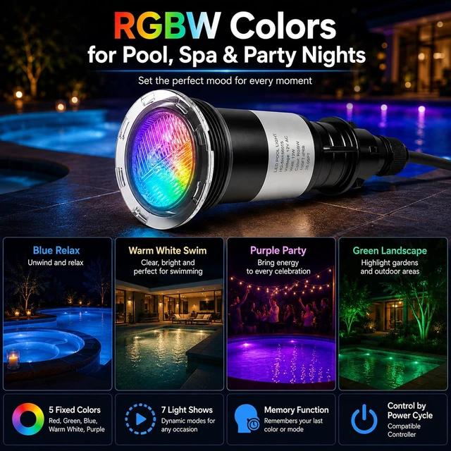 Alt view image 2 of 7 - Color Changing LED Pool Light 1.5" Fitting, 12V AC Submersible Underwater Spa Light with 14 RGBW Modes, Compatible with Pentair Control Systems, IP68 Waterproof Niche Fixture 50FT