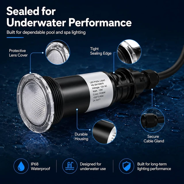 Alt view image 4 of 7 - Color Changing LED Pool Light 1.5" Fitting, 12V AC Submersible Underwater Spa Light with 14 RGBW Modes, Compatible with Pentair Control Systems, IP68 Waterproof Niche Fixture 50FT