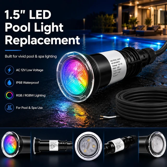 Alt view image 7 of 7 - Color Changing LED Pool Light 1.5" Fitting, 12V AC Submersible Underwater Spa Light with 14 RGBW Modes, Compatible with Pentair Control Systems, IP68 Waterproof Niche Fixture 50FT