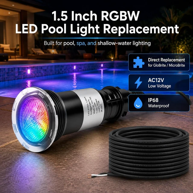 Alt view image 6 of 7 - Color Changing LED Pool Light 1.5" Fitting, 12V AC Submersible Underwater Spa Light with 14 RGBW Modes, Compatible with Pentair Control Systems, IP68 Waterproof Niche Fixture 50FT