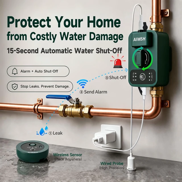 Alt view image 2 of 7 - Smart Automatic Water Shutoff Valve & Leak Detector, 15 Sec Auto Shut-Off, Real-Time Leak Detection, No WiFi Required, Whole-Home Leak Protection System, 1640 ft LoRa Coverage, Fits 3/4" & 1" Pipes
