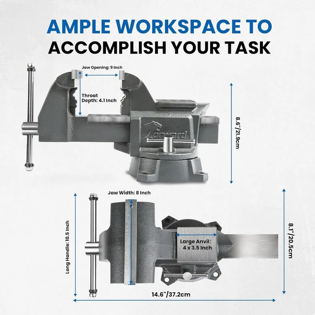 Alt view image 3 of 7 - CR80A 8 Inch Bench Vise Heavy Duty with Anvil and 210°Swivel Base