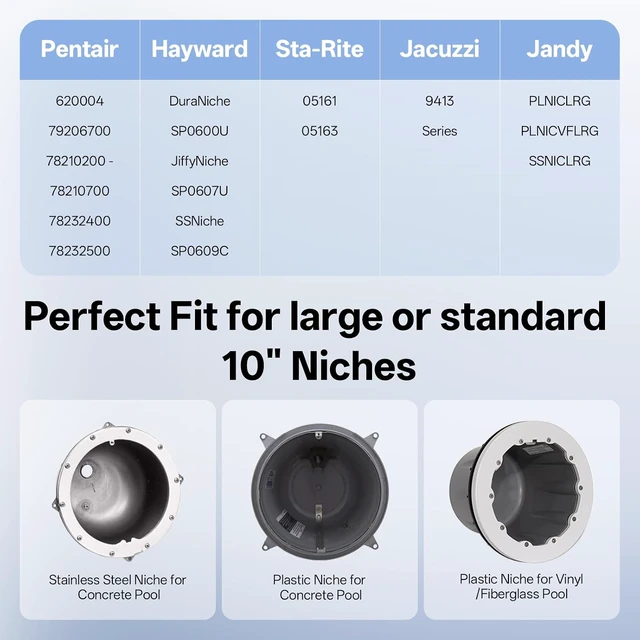 Alt view image 5 of 6 - 10 Inch Inground Pool Light, 12V AC RGBW Color Changing LED with 50FT Cord, 316 Stainless Steel Housing, Fits Standard 10-Inch Wet Niches Compatible with Pentair, Hayward & Jandy