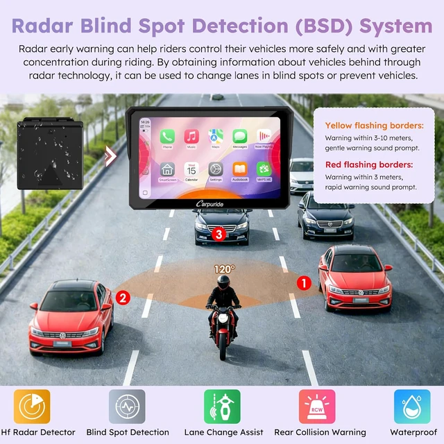 Alt view image 3 of 7 - W702RS PRO 7" Motorcycle Wireless CarPlay & Android Auto with BSD Radar